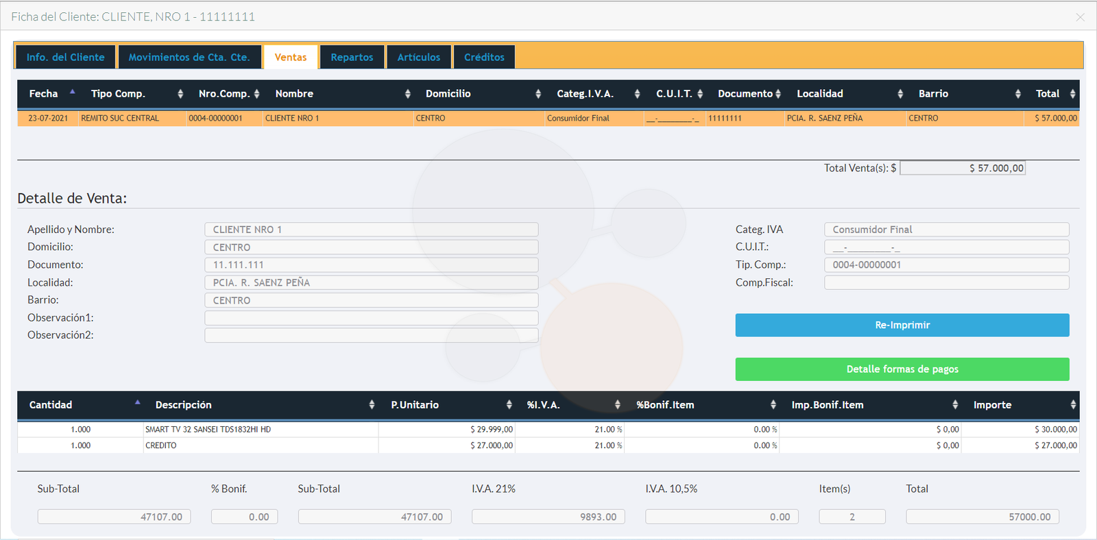 Modulo Clientes Listado de las ventas - Dycam
